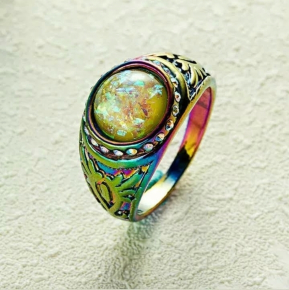 *Sale* New Fire Yellow Opal Rainbow Hematite Ring. - Picture 2 of 5